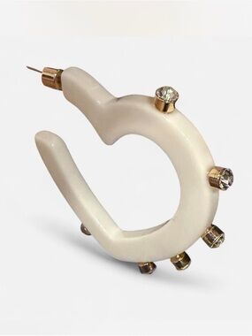 Cream Resin Hoop Earrings with Gold Crystal Accents - Women Jewelry Earrings